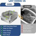 Stainless Steel Cat Litter Box, High Wall Kitty Litter Box for Small Cats, Metal Litter Box with Lid, Non-Sticky, Anti-Leakage, Easy Cleaning, Include Cat Mat and Scoop, 17.2"x13.2"x8.4"