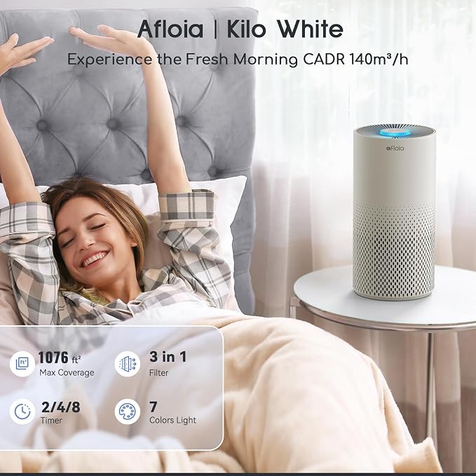 Afloia Air Purifier for Home Bedroom Large Room up to 1076 Sq Ft | 3-Stage Filter, 22dB Sleep Mode, 7 Color Light, 2/4/8H Timer, Kilo Grey