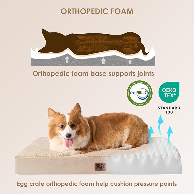 EHEYCIGA Orthopedic Dog Bed Large with Removable Washable Cover,Khaki,47x29 | Egg Crate Foam Support,Durable Oxford fabric,Non-Slip Bottom,Machine Washable,Soft Waterproof Plush Pet Bed Mat For Crate