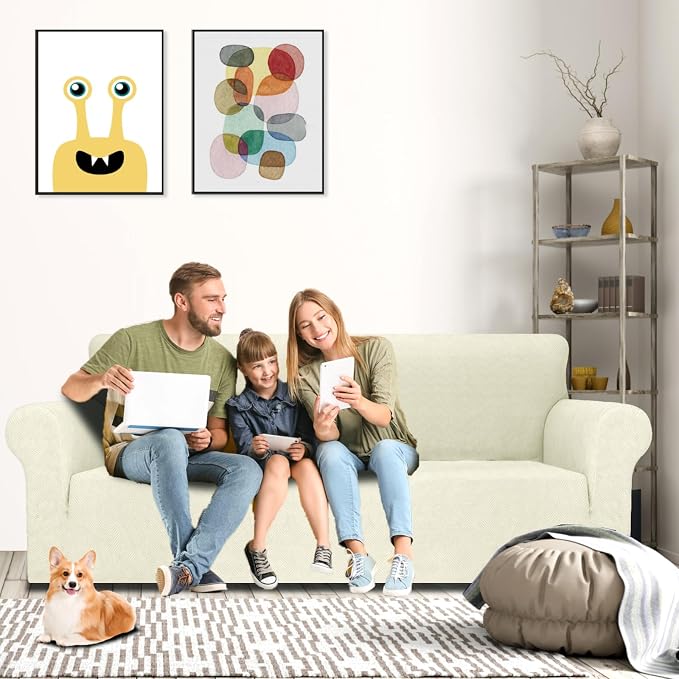 MAXIJIN Stretch Oversized Couch Covers for 3 Cushion Couch (91"-110"), 1-Piece Large Sofa Cover Slipcover Furniture Protector for Kids,Dogs (Extra Large, Diamond Pattern Beige)