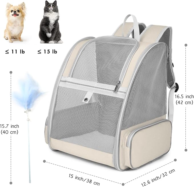 Cat Backpack Carrier, Large Pet Carrier Backpack with Kitten Wand Feather Toy for Medium Small Dog Cat Puppy Kitty Bunny up to 15lbs, Ventilated Mesh Kitten Bookbag for Travel Walking Outdoor (Beige)