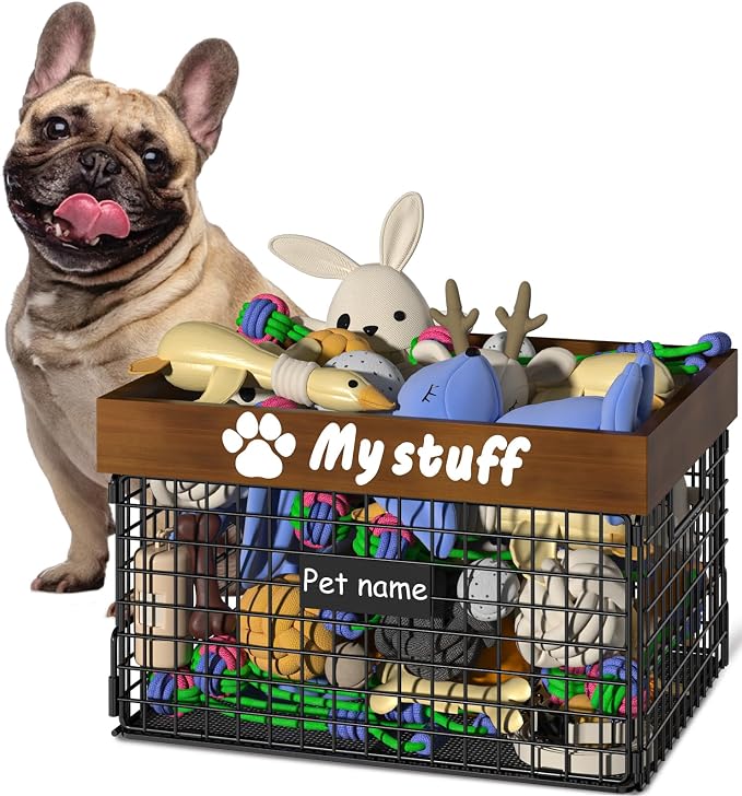 Dog Toy Bin Toy Basket Metal Storage Box with Handles Dog Organizer Chew-Proof Dog Toy Box Blankets Leashes Chest Puppy Dog Toy Storage Wood Metal Container Home Decor Pet Toys Dog Cat
