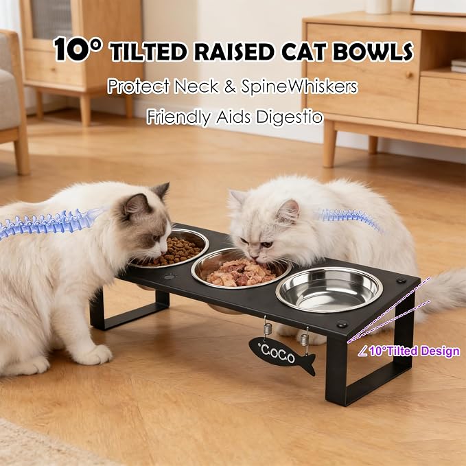 3 in 1 Elevated Cat Bowls with Splash proof Mat for Kittens, Puppies, Multi-pet Households, 10° Tilted Raised Cat Bowls Anti-Vomiting, 3 Wide Shallow Stainless Steel Bowls, Whisker Friendly, 3.5" Tall