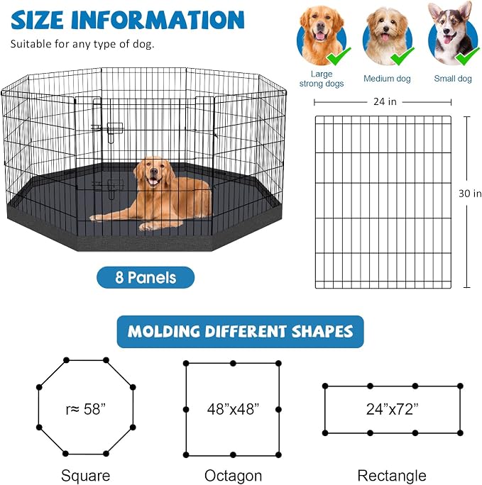 Peekaboo Dog Playpen 30 in, 8 Panel Metal Rustproof Pet Fence with Cover | 30 Inch 8 Panel Foldable Metal Dog Playpen with Bottom Pad