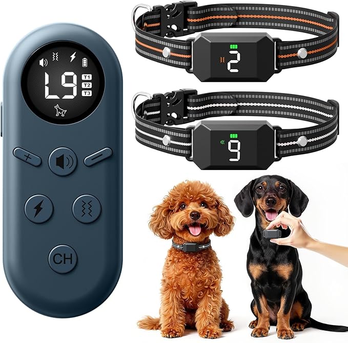 Small Shock Collar for 2 Dogs(5-100Lbs), Shock Collar with Remote | 3 Channels, IP67 Waterproof, Rechargeable, Dog Training Collar with Control, Beep/Vibration/Safe Shock, for Small/Medium Dogs