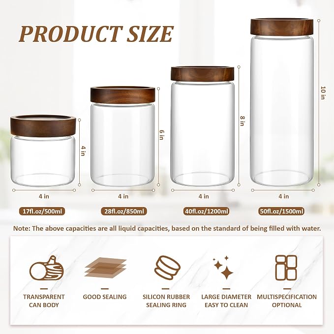 3 Pack 40 fl oz/1200 ml Clear Glass Storage Canister with Airtight Wooden Screw On Lid, Large Tall Decorative Glass Container Jar Set for Coffee, Nut, Tea, Candy, Cookie, Cereal, Sugar, Flour