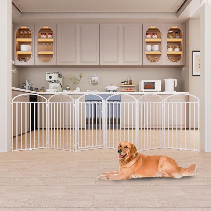 SNUOWU 6 Panels Full Matel Freestanding Dog Gates with Door, 144"Extra Wide 36"Tall Free Standing Dog Pet Gate for Indoor & Outdoor. Foldable Pet Fences for Doorways, House, Stairs, Porch, Deck, Yard