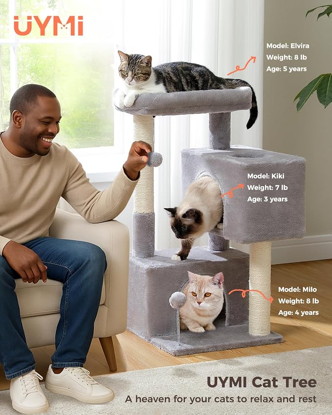 Small Cat Tree for Kittens, 32 in Cat Tower with 2 Cozy Condos | Multi-Level Cat Tree with Scratching Posts, Soft Padded Perch, 2 Dangling Toys