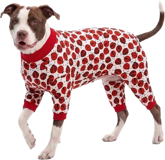 LovinPet Large Dogs Pajamas Clothes, Pitbull Onesie, Slim Fit, Lightweight Pullover Pajamas, Pitbull Clothes, Full Coverage Dog Pjs, Red Ladybug Prints, Full Coverage Breed Dog Pjs, Medium