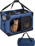 Extra Large 2-Cat Foldable Pet Travel Carrier,24"x17"x17",Blue | Removable Divider, Metal Frame Support, Breathable Mesh Panels, With Storage Tote & Padded Straps