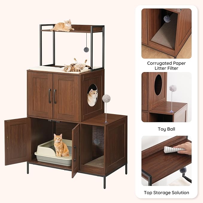HOOBRO Litter Box Enclosure, Litter Box Furniture with Storage, 2-in-1 Hidden Cat Furniture with Shelf, 2 Dangling Plush Balls and 1 Toy Ball, Large Wooden Cat Washroom, Walnut WL78MW01