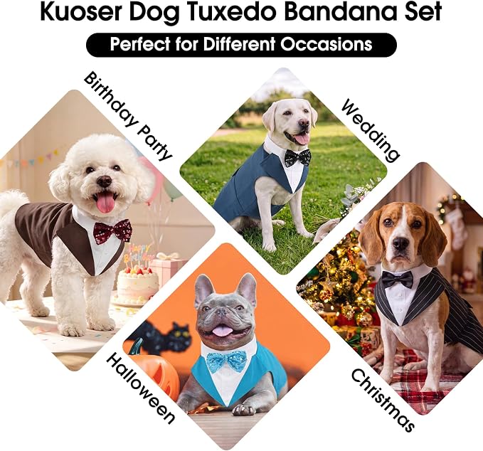 Kuoser Dog Tuxedo, Dog Suit and Bandana Set, Dogs Costume with D-Ring | Formal Dog Outfit with Detachable Bowtie Collar for Wedding, Birthday, Party, Christmas, Halloween, Lake Blue S