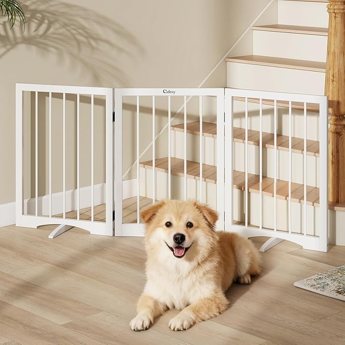 Free Standing Dog Gate Indoor, Foldable Dog Gate for Stairs Doorways | 3-Panel Freestanding Pet Gate with Support Feet for Stability, Folding Puppy Gate Easy to Move, Doggy Gate 54"x24", White
