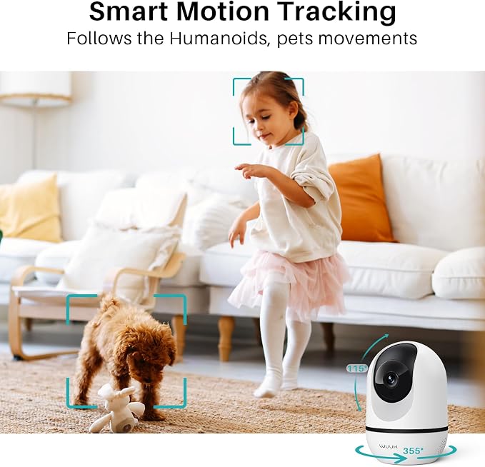 WUUK 4MP Indoor Pan/Tilt Wired Security Camera, Baby Monitor Pet Camera | Smart Motion Detection & Tracking, 360-Degree, 2-Way Audio, Night Vision, No Subscription, Compatible with Alexa & Google