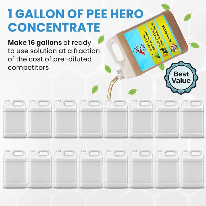 Pee Hero Turf Odor Eliminator for Dogs 1 Gallon Concentrate (Makes 16 Gallons Solution), Cat Urine Odor Eliminator - Dog Urine Odor Eliminator Concentrate, Turf Cleaner for Pet Urine Outdoor