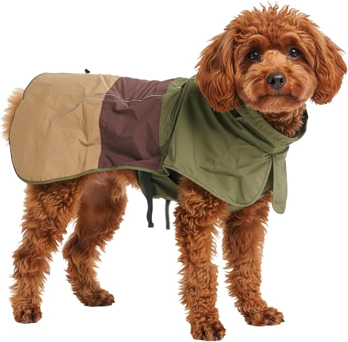 Spark Paws Dog Raincoat, Waterproof Windproof Rain Jacket, for Small Medium Large Extra Large Dogs, Reflective Breathable Full-Body Coverage Dry Suit - Green Brown Tan, S