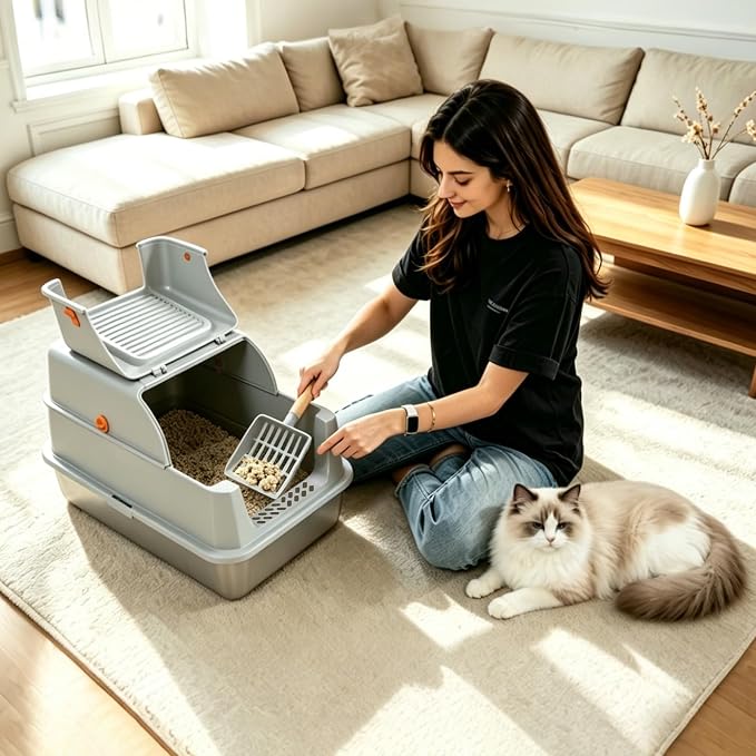 Stainless Steel Litter Box with Lid & Cat Litter Scoop Mat Grey | Deodorizer Cat Metal Litter Box High Sided Enclosure Covered Litter Box Extra Large Litter Boxes for Big Cats