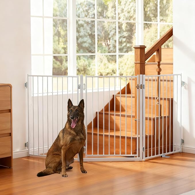 No Pawblems Full Metal Free Standing Dog Gate with Door, 36'' Tall | Foldable Dog Fence for Indoor & Outdoor, Up to 78 Inch Extra Wide Pet Gate for Stairs, Doorways, Deck, Yard, 3 Panels, White