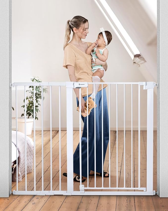 COMOMY 36" Extra Tall Baby Gate for Stairs, Fits 29.5" to 48.8" Openings | Auto Close Extra Wide Dog Gate for House, Pressure Mounted Easy Walk Through Pet Gate with Door, White