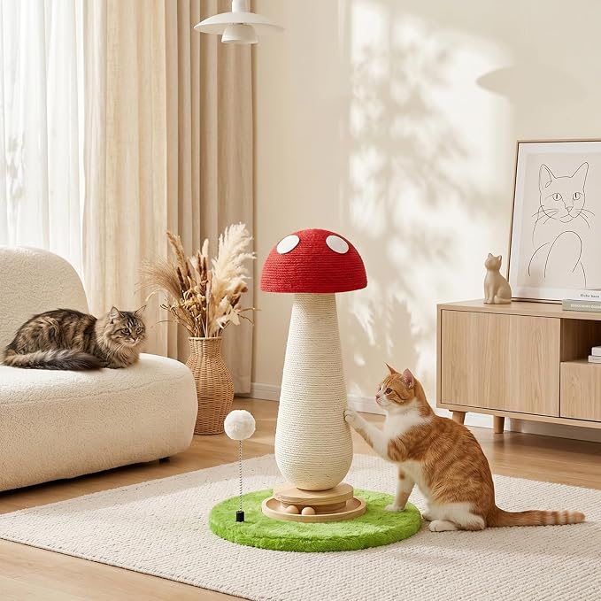 Homegroove Mushroom Cat Scratching Post, Sisal Post for Indoor Cats | Stable round base, anti-wobble, natural sisal rope, protects furniture, cute decor, easy assembly, for indoor cats