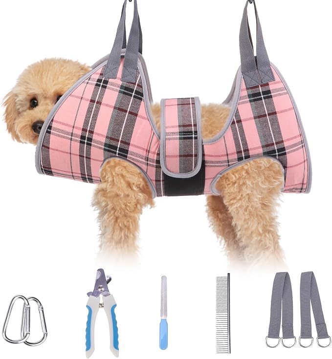 BEAUTYZOO Dog Grooming Hammock for Small Dogs/Cats, Nail Trim Restraint, XS | Dog Hanging Harness for Nail Trim, Adjustable Hook & Loop,Soft Neck Support &Dual Safety Straps for Stress-Free Grooming,Pink