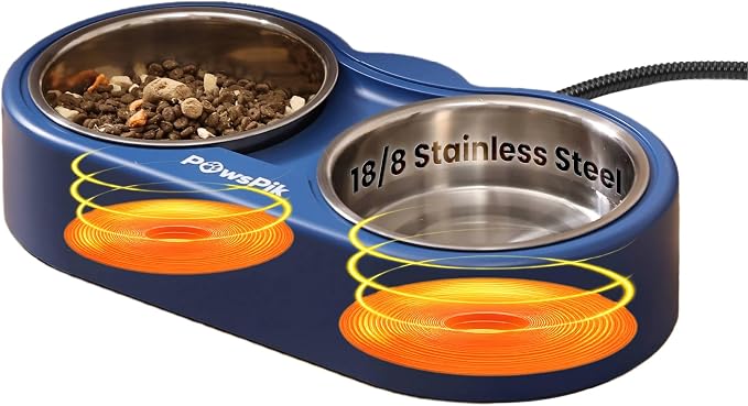 Heated Water Bowl for Cats, Outdoor Heated Pet Bowl in Winter | 18/8 Stainless Steel, Anti-chew Cord, Removable Bowls, Dual-bowl Heated System, Raised Ergonomic Stand, Blue, 3 Cups