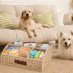 Bratod Dog Storage Organizer Wicker Basket,Dog Treat Container Bin for Countertop,Pet Treats Box with Dividers,Dog Cat Can Food Storage Bin,Pet Treat Station-Natural Woven Seagrass