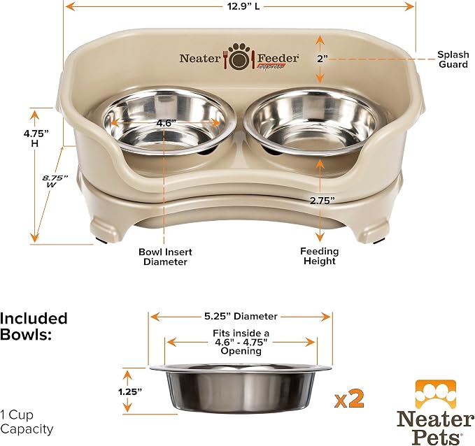 Neater Feeder Express Mess Proof Cat Bowls Elevated, No Spill Feeding Station, Stainless Steel Dishes for Food and Water, Raised Bowls for Indoor Cats, No Fatigue Whisker Friendly Dish, Almond
