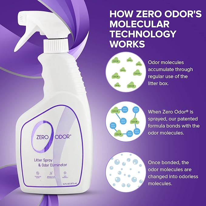 Zero Odor Litter Box Odor Eliminator Spray, Cat Litter Deodorizer, 16 oz | Cat Litter Box Deodorizer Spray, Molecular Technology - Safe for All Litter, Carpets & Rugs