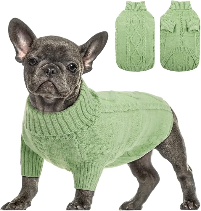 Queenmore Small Dog Pullover Sweater, Cold Weather Cable Knitwear, Classic Turtleneck Thick Warm Clothes for Chihuahua, Bulldog, Dachshund, Pug, Yorkie (Green, X-Small)