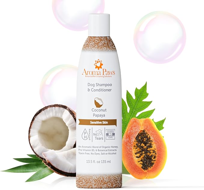 Dog Shampoo and Conditioner - Aromatic Tearless Shampoo for Cleansing, Grooming, and Conditioning Sensitive Skin - Moisturizing Shampoo for Dogs and Puppies - Coconut Papaya 13.5 oz