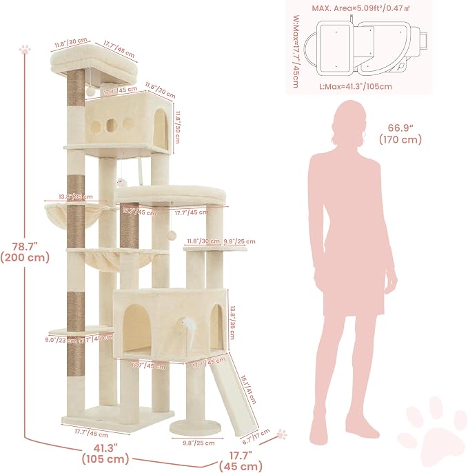 Cat Tree, 78.7" Tall Heavy Duty Cat Tower for Indoor Cat VCT033MJ | Cat Furniture with Sturdy Structure, Spacious Condo, Cozy Top Perch & Scratching Posts, Hammock, Beige