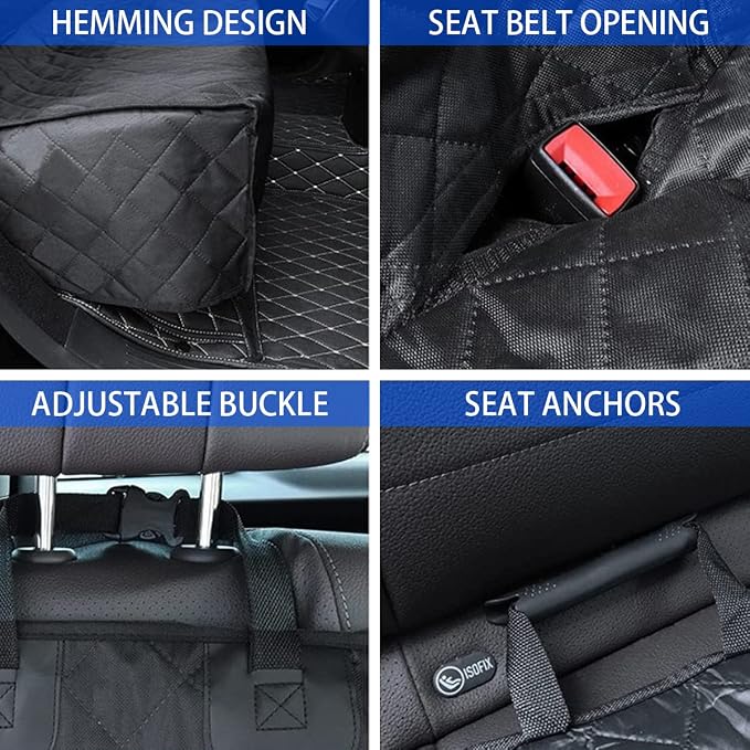 BESULEN Dog Car Seat Cover Waterproof Back Seat Protector Orange Edge | Oxford cloth with grid texture, buckle strap setup, anchor support, fits most cars, SUVs, and trucks, car accessories