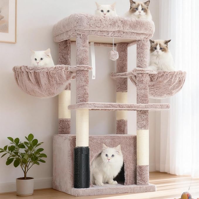 Hey-brother Cat Tree Tower with Large Platform, Spacious Condo, MPJ060MU | 35.4 Inches, 2 Cozy Hammocks, Self-Grooming Brush, Sisal Scratching Posts for Big Indoor Adult, Maine Coon, Muchroom