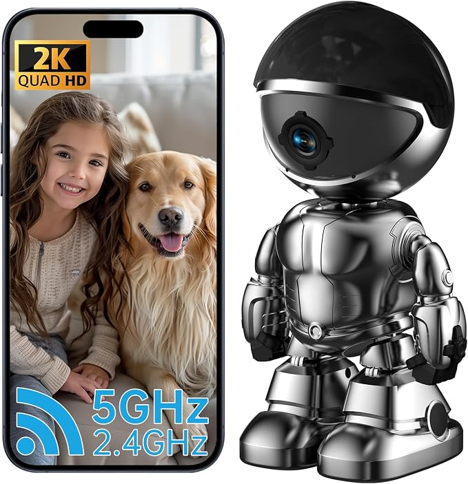 Chpuss Indoor Camera Robot, 2k 5g/2.4ghz WiFi Pet Robot Cam with Phone App EseeCloud, 360 PTZ Nanny Cam Dog Cam with Audio/Video, Spy Camera 2-Way Audio Motion Tracking 7/24 Night Vision