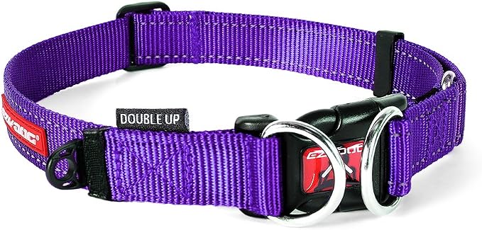 EzyDog Double Up Dog Collar, Strong Double D-Rings - Large, Purple | Dual D-Rings for Superior Strength, Safety, and Comfort, Soft Touch Nylon Webbing, Reflective Stitching, Id Attachement Point