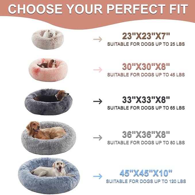 36 in Faux Fur Fluffy Donut Dog Bed for Large Dogs,Tie-dye Brown | Calming Plush Round Pet Bed with Removable & Washable Cover,Fits up to 80 lbs Pets