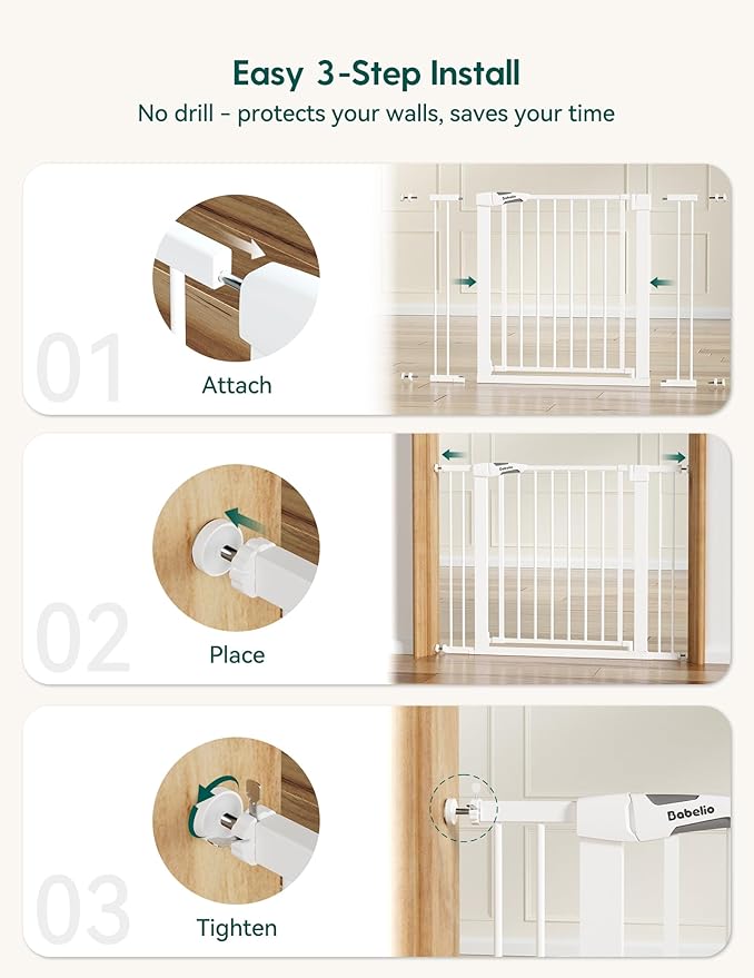 Babelio 36-57" Extra Wide Baby Gate for Stairs No Drilling, Dog Gate Indoor | Pressure/Wall Mount; Triple-lock System; Auto-close; 200N Impact Tested; Easy Install for Doorways, Kitchen, Hallway, White
