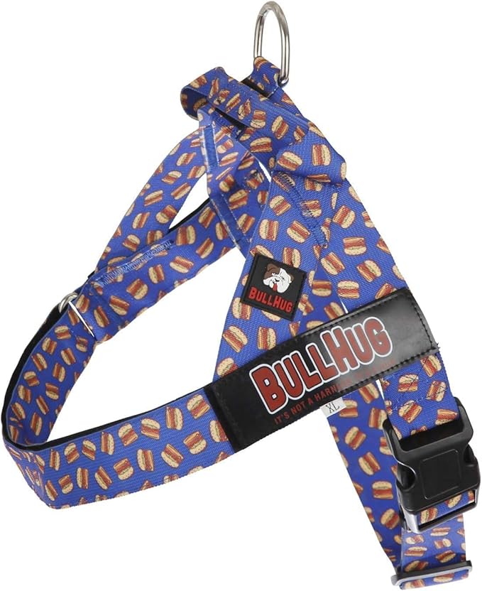 BULLHUG Adjustable Dog Harness– No Pull, No Choke – for English Bulldogs, French Bulldogs, Pugs & Broad-Chested Breeds – Easy, Safe Walks (Blue Burger, Small)