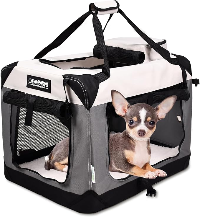 JESPET Soft Dog Crates Kennel for Pets, 3 Door Soft Sided Folding Travel Pet Carrier with Straps and Fleece Mat for Dogs, Cats(7-Light Grey, Small(24" L x 16.5" W x 16.5" H))