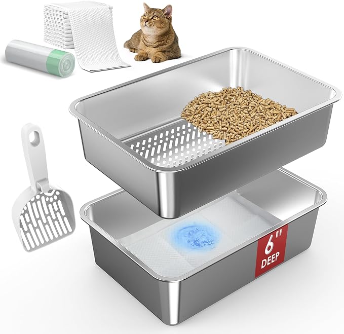 SuzziPaws L Stainless Steel Sifting Litter Box for Pine Pellets Multi-Cats | 19.6" x 13.7" x 6" Open Top Sifting Litter Box with Pee Pads and Liners for Pellet Litter, Easy Cleaning, Odor Control