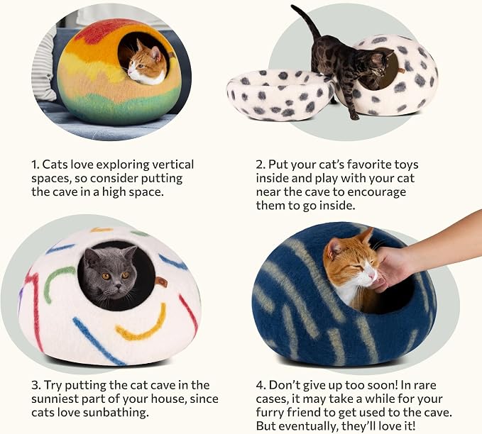 MEOWFIA Cat Cave – Premium Felt Cat Bed Enclosure for Indoor Cats, Handmade Merino Wool (Ivory Rainbow, Large)