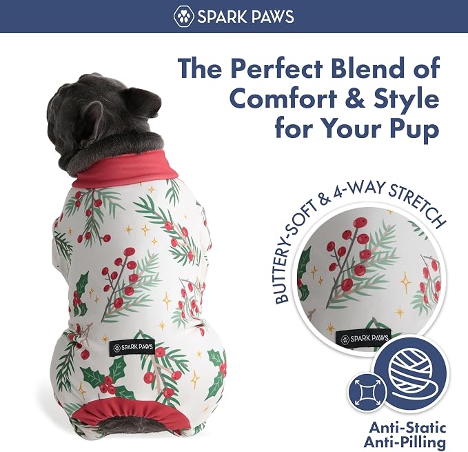 Spark Paws Dog Christmas Pajama, Dog Recovery Suit Male, Onesie, Ultra-Soft and 4-Way Stretch, for Small Medium and Large Breeds - Mistletoe - M