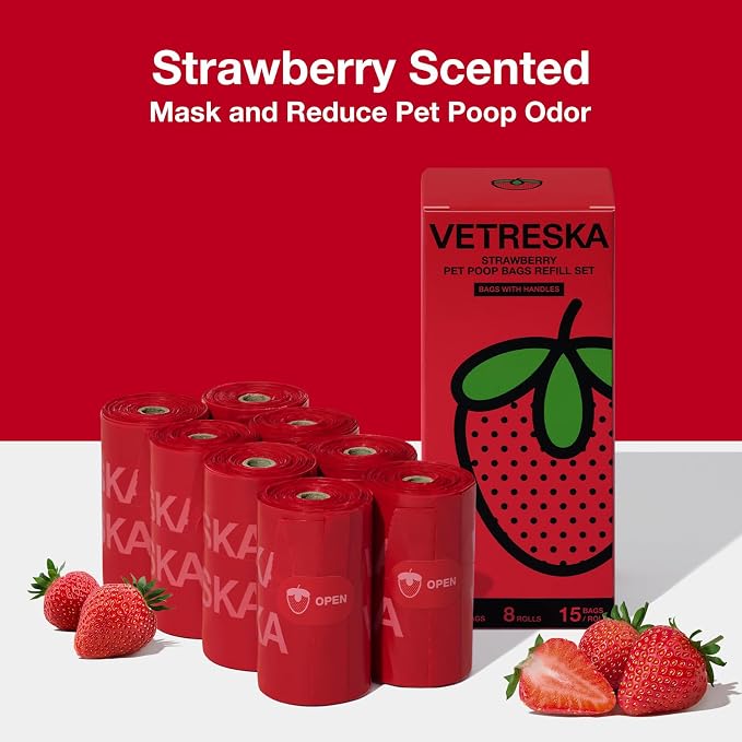 VETRESKA Dog Poop Bags with Handle 120 Count, Strawberry Scented Waste Bag | Leak-Proof Thick Dog Bags for Poop, Easy-Tie Large Poop Bags, 8 Refill Rolls for Dog Walking Cat Litter