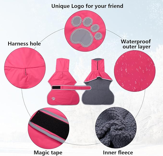 Geyecete Dog Winter Coat Geyecete Greyhound Raincoat Fabric with Lamb Velvet Inside Outdoor Dog Apparel with Adjustable Bands for Medium, Large Dog-Pink-XS