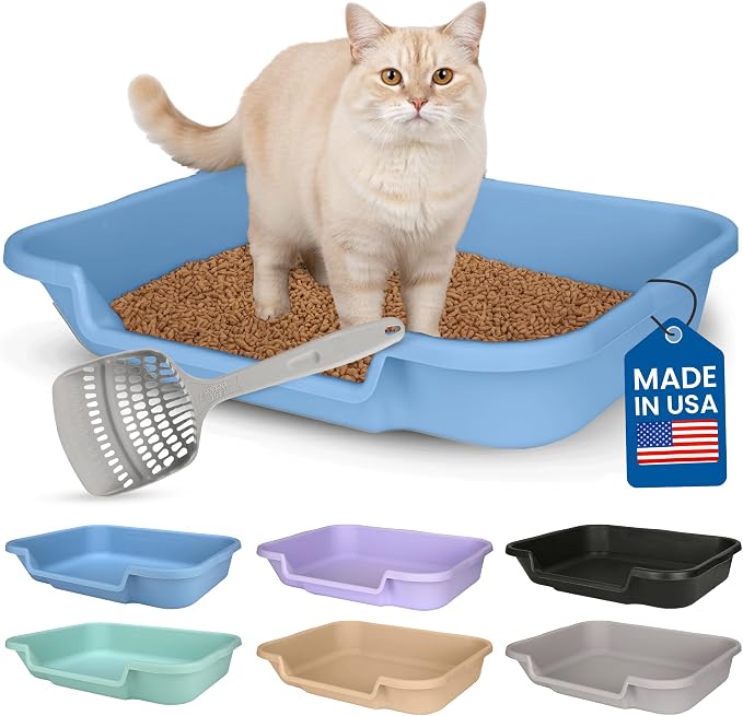 KittyGoHere Senior Cat Litter Box, Large with Jumbo Scoop, Little Boy Blue | Open Top Low Entrance Kitty Litter Box With Long-handle Jumbo Scoop, Lightweight Low Entry Litters Box, Durable, Made in USA