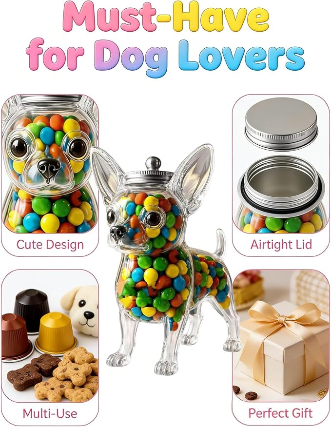 Chihuahua Candy Jar, Cute Airtight Dog Snack Container for Cookies, Candy, Coffee Pods, Pet Treat Jar, Cookie Jar with Lid, Large Animal Shaped Food Storage Kitchen Canister, Pet Lovers Gift