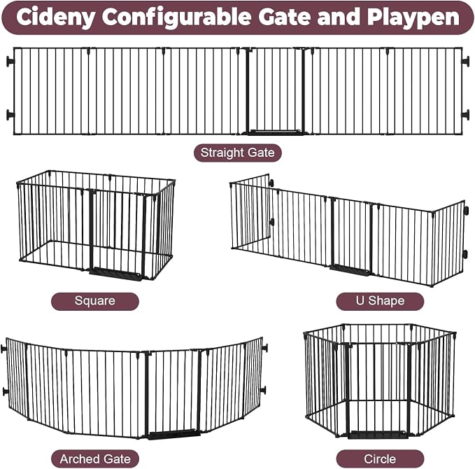 144" Extra Wide Baby Gate with Door, Configurable Baby Fence | Fireplace Gate with Anti-Trip Pedal, Family Essentials Safety Gate for Child Dogs Pets, 28'' Tall 6 Panels Black