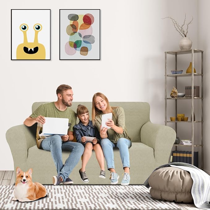 MAXIJIN Loveseat Cover Sofa Covers (55"-69"), 1-Piece Stretch Couch Covers for 2 Cushion Couch Love Seat Slipcover with Elastic Bottom for Kids,Dog (Loveseat, Diamond Pattern Khaki)