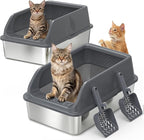 2 Pack Stainless Steel Litter Box with Lid, XL Metal Cat Litter Boxes High Sided Enclosed for Big Cat and Multiple Cats, Anti-Urine Leakage | Non-Stick Bottom & Includes Scoop